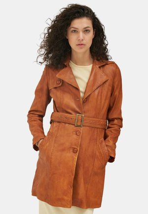 Brown leather trench coat with a belted waist, lapel collar, and button closures, featuring two front pockets and a smooth texture.