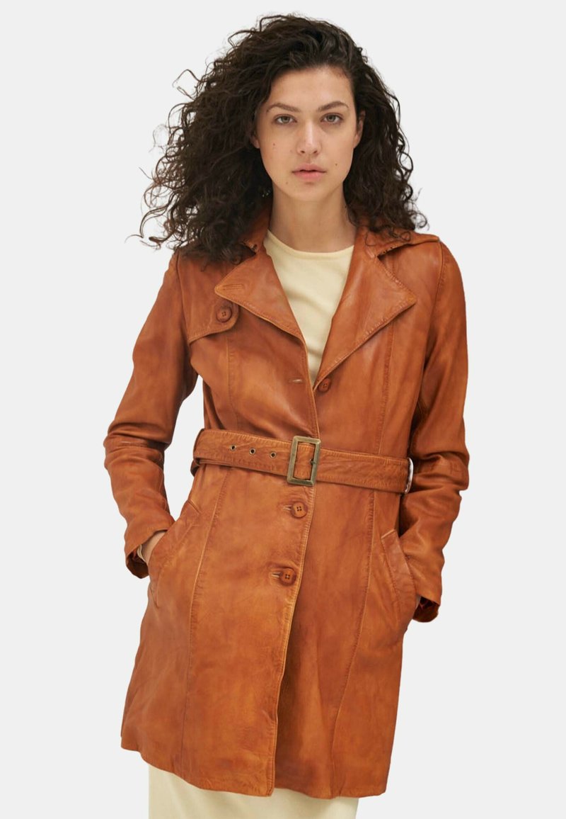 Brown leather trench coat with a belted waist, lapel collar, and button closures, featuring two front pockets and a smooth texture.