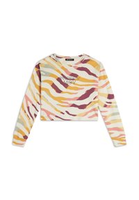 Top a maniche lunghe accorciato con una base color crema e un motivo astratto zebra multicolore che presenta tonalità di rosa, giallo e viola; logo sul petto.