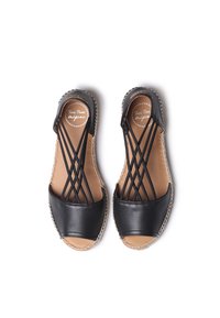Mustad nahast espadrillid, millel on ristuvad rihmad, ümar nina ja kootud jute tald. Sile tekstuur, pruuni sisetuksuga.