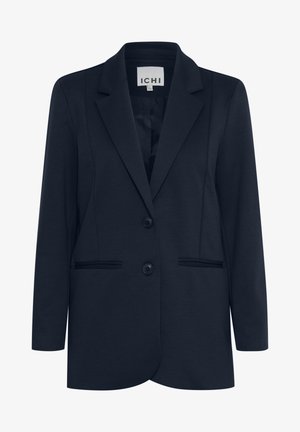 Dunkelblaues Blazer aus glattem Stoff. Verfügt über einen Reverskragen, eine Zwei-Knopf-Verschluss, Seitentaschen und dezente Nahtdetails.