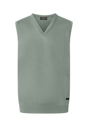Ærmeløs lys grøn strikket sweatervest med V-hals og ribbet kant, mærket Maerz ved nakken og nederste hjørne.