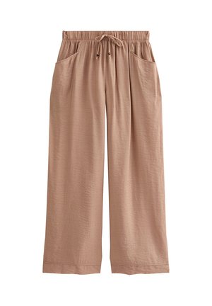 Pantaloni a gamba larga color marrone chiaro, realizzati in tessuto morbido, con vita elastica, cordoncino e due tasche laterali.