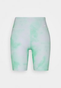 Zielone spodenki sportowe w tie-dye wykonane z elastycznego materiału, z wysokim stanem i kontrastującymi szwami. Posiadają małe logo na pasie.