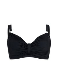 Top bikini nero con fronte arricciato, spalline larghe e dettaglio nodo centrale. Realizzato in tessuto liscio e stretch con finitura opaca.