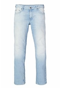 Jeans de mezclilla azul claro con un diseño de pierna recta, estilo de cinco bolsillos y un ligero desgaste. Cuentan con un cierre de botón y pasadores para cinturón.