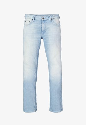 Lichtblauwe denim jeans met een recht model, vijf zakken en subtiele vervaging. Voorzien van een knoopsluiting en riemlussen.