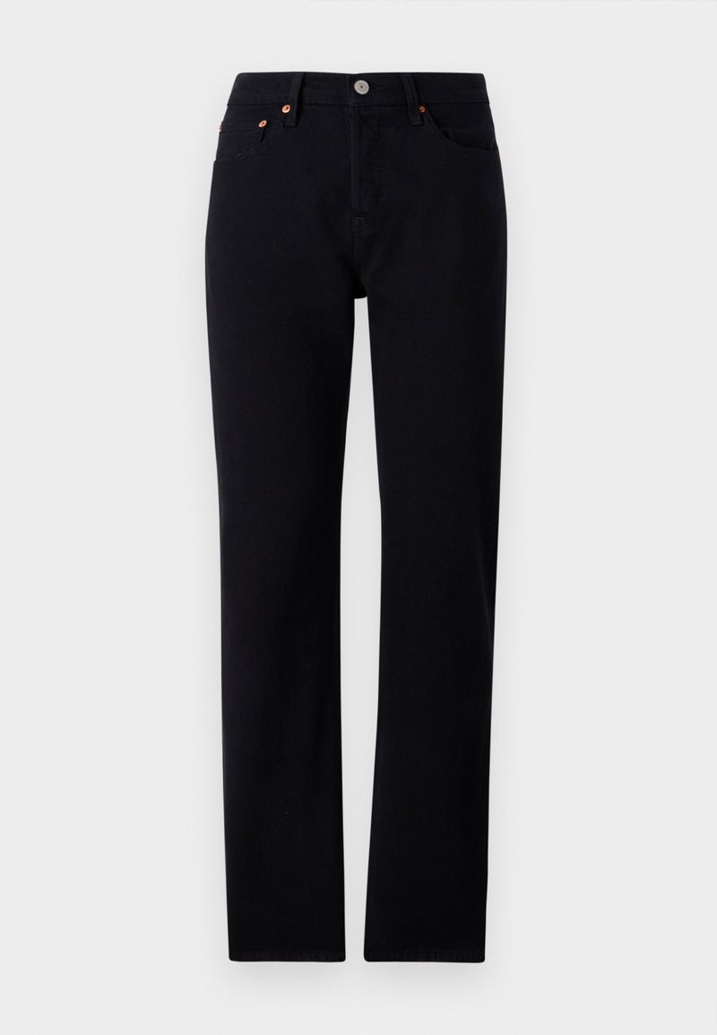 Jeans de mezclilla negra con corte recto, que cuentan con dos bolsillos frontales, detalles en hardware cobre y un cierre de botón. Textura suave.