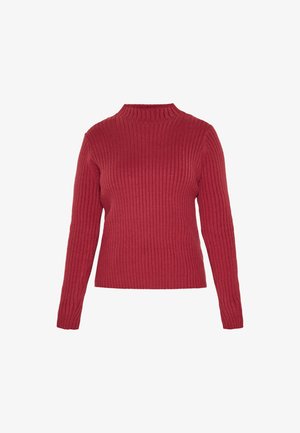 Piros bordázott pulóver magas nyakkal és hosszú ujjal. Fitt fazonú, textúrált mintázattal az egész felületen.