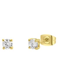Gouden stud oorbellen met ronde heldere cubic zirconia stenen in een vierpoots zetting, met een push-back sluiting voor een veilige bevestiging.