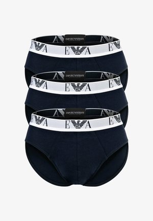Slip in cotone blu navy in confezione da tre, dotati di un elastico bianco in vita con dettagli neri del logo e design a taglio classico.