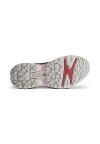 Semelle d'une chaussure ECCO montrant une semelle extérieure blanche en caoutchouc texturée avec des accents rouges et des crampons pour l'adhérence, taille indiquée 39.