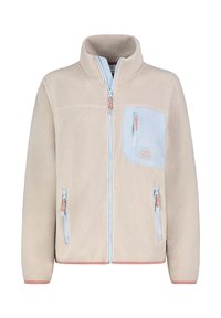 Beige fleecejacka med hög krage, framdragkedja, två sidofickor och en bröstficka i ljusblått. Har kontrasterande dragkedjehandtag.
