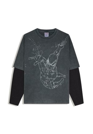 Charcoal gray long-sleeve shirt with black sleeves featuring a white sketch of Spider-Man shooting webs while swinging forward.