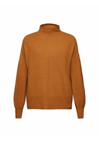Pull en maille marron à col haut et manches longues, avec poignets et ourlet côtelés, offrant une coupe décontractée et une texture douce.