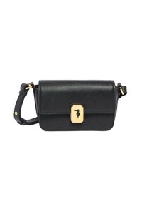Borsa a tracolla nera in pelle con tracolla regolabile e fibbia rettangolare dorata, caratterizzata da un sottile design a silhouette in rilievo.