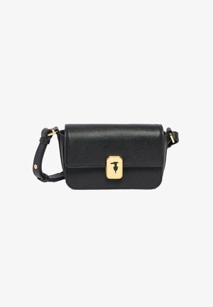 Black leather crossbody bag with adjustable strap and gold rectangular clasp featuring a subtle embossed silhouette design.