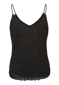 Černá krajková kamizola s tenkými nastavitelnými ramínky, v designu do v- výstřihu, s jemnou háčkovanou strukturou a vlnkovaným lemem.
