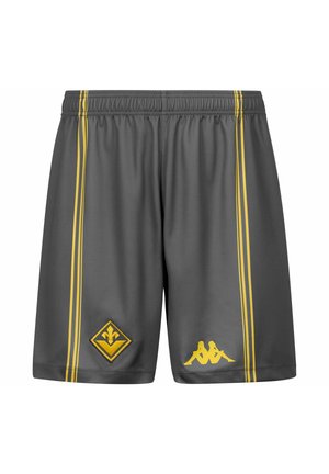 Shorts de sport gris foncé avec des rayures verticales jaunes, un emblème fleur-de-lis sur la jambe gauche et le logo Kappa sur la jambe droite.