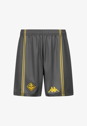 Shorts de sport gris foncé avec des rayures verticales jaunes, un emblème fleur-de-lis sur la jambe gauche et le logo Kappa sur la jambe droite.