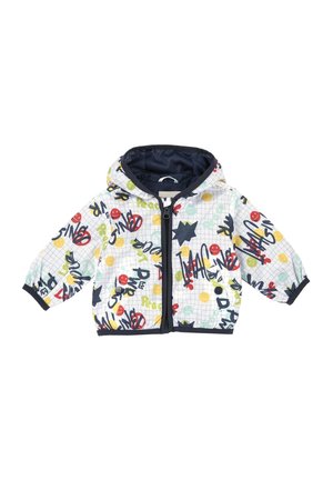 Veste à capuche zippée pour enfant avec motif quadrillé blanc et motifs abstraits colorés de texte et de visages souriants en rouge, jaune, vert et bleu marine.