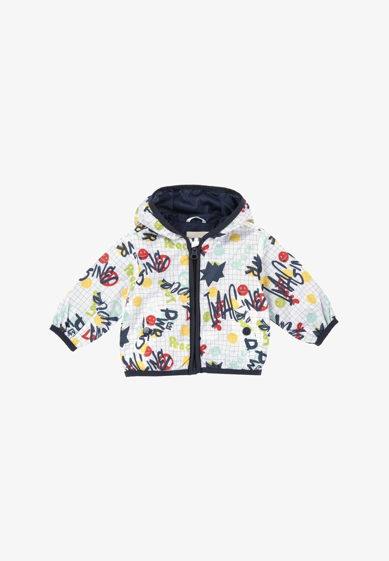 Veste à capuche zippée pour enfant avec motif quadrillé blanc et motifs abstraits colorés de texte et de visages souriants en rouge, jaune, vert et bleu marine.