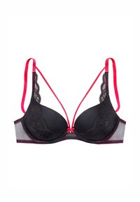 Schwarzer Spitzen-BH mit pinkfarbenen Satin-Trägern und Akzenten. Verfügt über gepolsterte Körbchen, ein Netzpaneel und eine zentrale Schleifendetail.