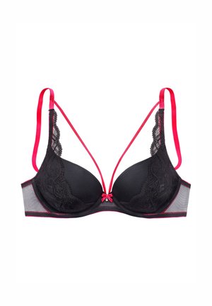 Schwarzer Spitzen-BH mit pinkfarbenen Satin-Trägern und Akzenten. Verfügt über gepolsterte Körbchen, ein Netzpaneel und eine zentrale Schleifendetail.