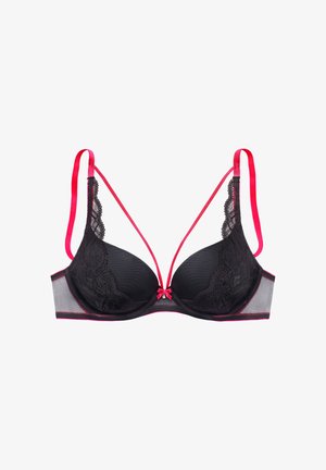 Schwarzer Spitzen-BH mit pinkfarbenen Satin-Trägern und Akzenten. Verfügt über gepolsterte Körbchen, ein Netzpaneel und eine zentrale Schleifendetail.