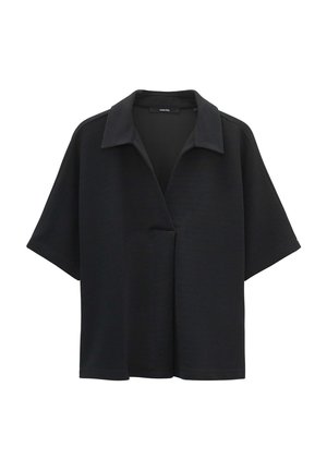 Zwarte korte mouwen shirt met een kraag en een losse pasvorm. Gemaakt van een gestructureerde stof met een open voorkant.