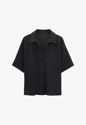 Schwarzes kurzärmliges Hemd mit kragenähnlichem Halsauschnitt und lockerer Passform. Hergestellt aus strukturiertem Stoff mit einem offenen Frontdesign.