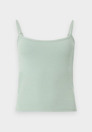 Top de alças finas em verde-claro, com nervuras, desenhado com uma silhueta ajustada e uma bainha reta. Apresenta detalhes de costura mínimos.
