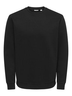 Sweat-shirt noir à manches longues avec col rond, poignets et ourlet côtelés, présenté sur un fond blanc uni.