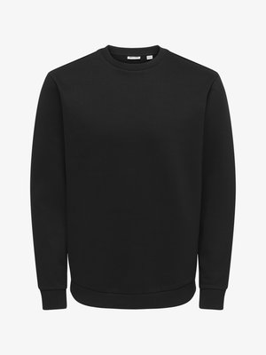 Sweat-shirt noir à manches longues avec col rond, poignets et ourlet côtelés, présenté sur un fond blanc uni.