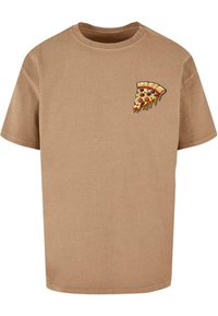 Brown cotton t-shirt featuring a colorful pizza slice graphic on the left chest. Short sleeves and a crew neckline. Soft texture.