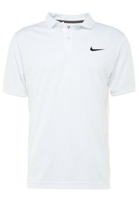 Bílá polokošile Nike s krátkým rukávem, se zapínáním na dva knoflíky a černým logem Nike swoosh na levé hrudi.