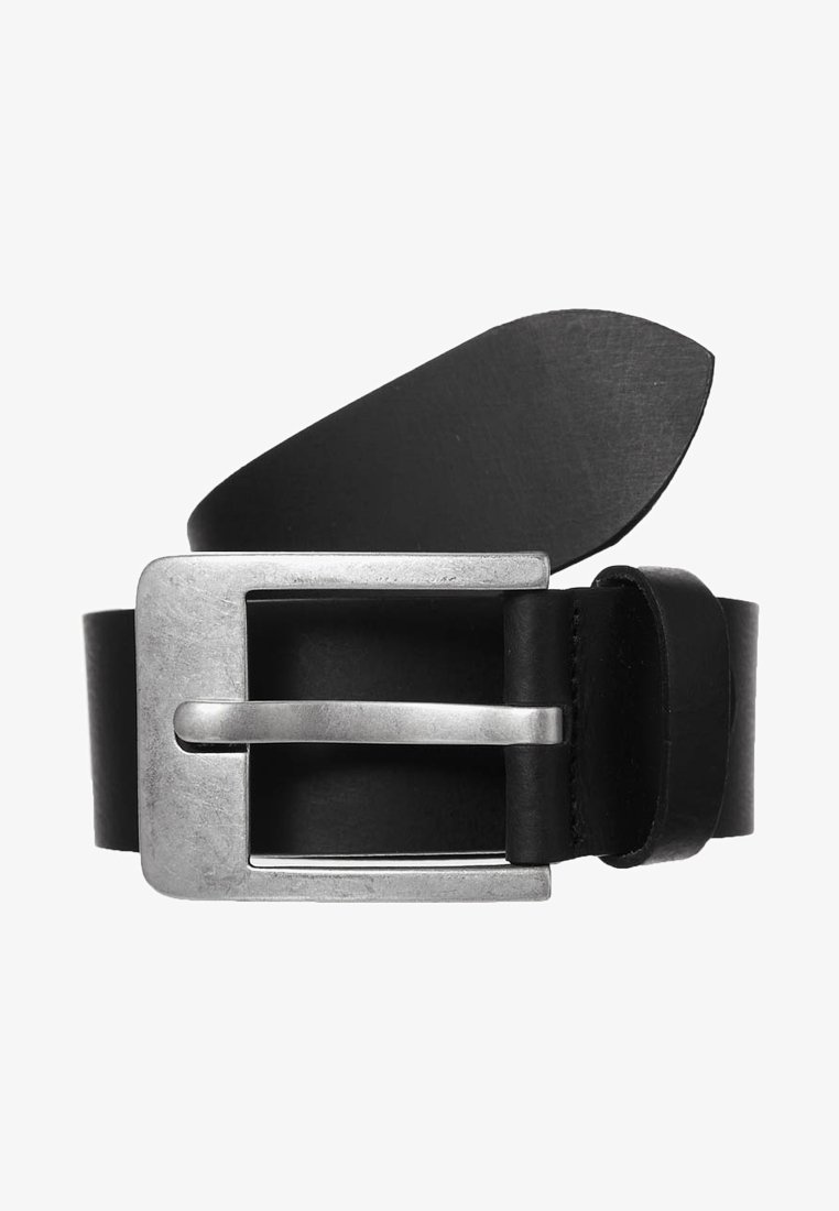 Schwarzer Leder Gürtel mit einer rechteckigen silbernen Metallschnalle und spitzem Ende, aufgerollt mit der Schnalle in der Mitte.