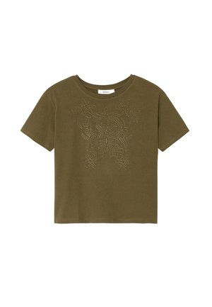T-shirt en coton vert olive à manches courtes et encolure ronde. Présente un motif floral en relief sur le devant.