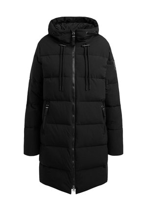 Schwarze Pufferjacke mit Kapuze, Reißverschluss und Kordelzugverschluss, gepolstertes Material und zwei seitlichen Reißverschlusstaschen.