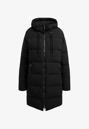 Schwarze Pufferjacke mit Kapuze, Reißverschluss und Kordelzugverschluss, gepolstertes Material und zwei seitlichen Reißverschlusstaschen.