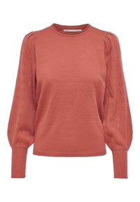 Svetr v měděné barvě z pleteniny s vyplněnými dlouhými rukávy s očkovým vzorem a žebrovanými manžetami.