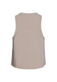 Helle beigefarbene ärmellose Bluse mit rundem Ausschnitt, glatter Textur und seitlichen Schlitzen; zeichnet sich durch ein klares, schlichtes Rückendesign aus.
