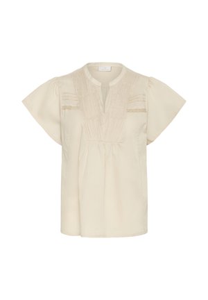 Blouse crème avec de courtes manches volantées, dotée d'un décolleté en V, d'un devant plissé et de détails horizontaux décoratifs. Tissu doux et léger.