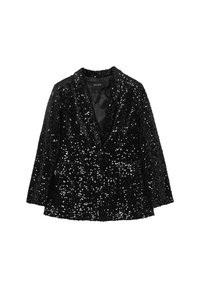 Blazer nero ricoperto di paillettes con rever a punta, chiusura a un bottone e due tasche frontali, posato piatto su sfondo bianco.