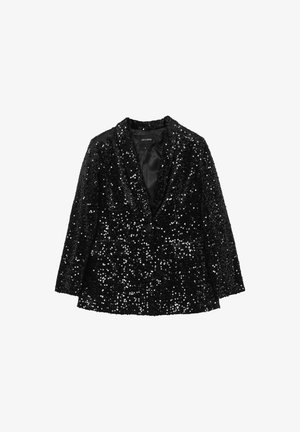 Blazer noir recouvert de sequins avec revers en notch, fermeture à un bouton et deux poches avant, posé à plat sur un fond blanc.