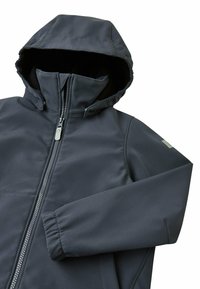 Veste gris foncé avec capuche, dotée d'une fermeture éclair à l'avant et de poignets élastiques. Présentée à plat, mettant en valeur la texture et la forme du tissu.