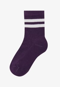 Calze viola con strisce bianche sulla parte superiore. Realizzate in un materiale testurizzato, presentano un polsino a costine e un design della punta senza cuciture.