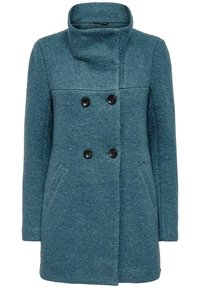 Cappotto a doppio petto in tessuto teal testurizzato che presenta un collo alto, chiusura con due bottoni neri e tasche laterali.