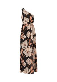 Schulterfreies Maxikleid aus schwarzem Stoff mit großem beigem und pfirsichfarbenem Blumenmuster. Verfügt über eine Taillenschleife und eine durchgehende plissierte Textur.