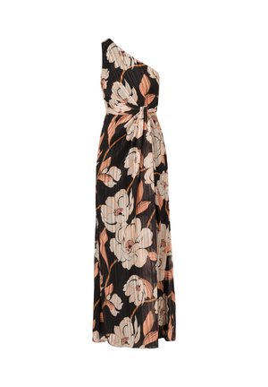 Czarna maxi sukienka na jedno ramię z dużym beżowym i brzoskwiniowym kwiatowym wzorem. Posiada pasek w talii oraz plisowaną fakturę na całej powierzchni.
